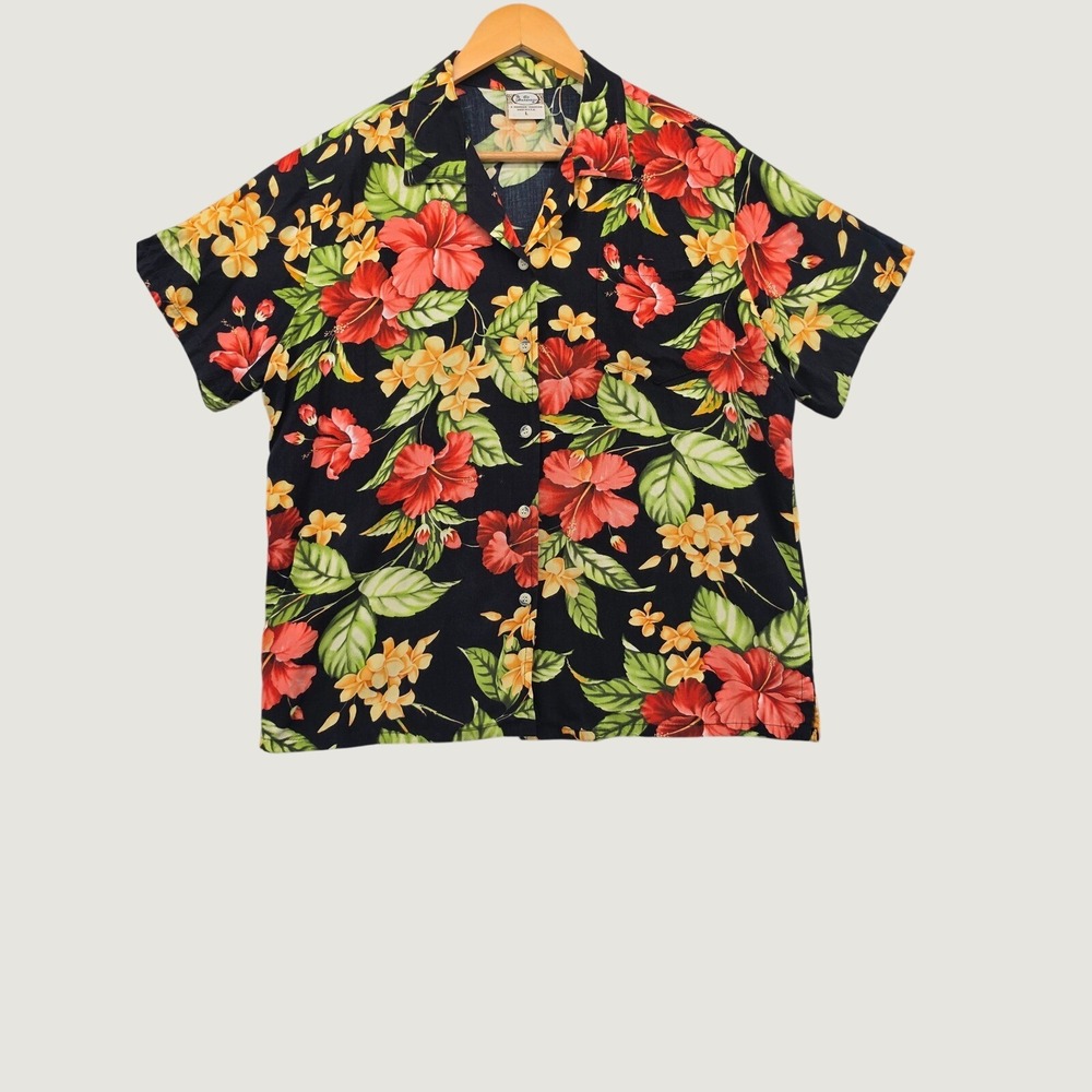 Go Barefoot Hawaiian Shirt Mens Large L Floral Aloha Tropical Rayon Made in USA